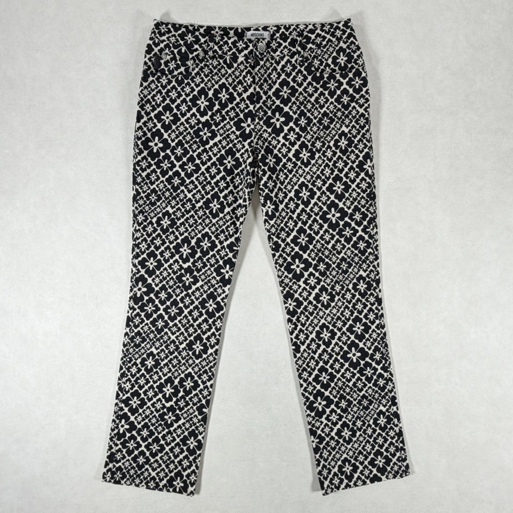 Moschino Jeans Womens Black White Floral Geometric Straight Leg Pants Size 31x28